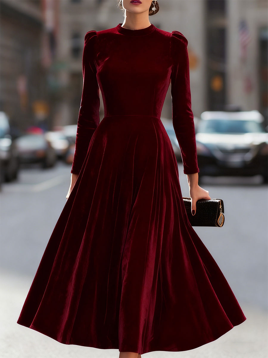 Albane | A-Line Long-Sleeve Velvet Midi Wedding Guest Dress