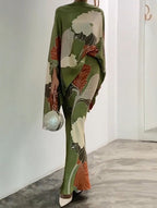 Tamsin | Knitted Co-Ord Set Botanical Print Kimono Sleeve — Olive Green