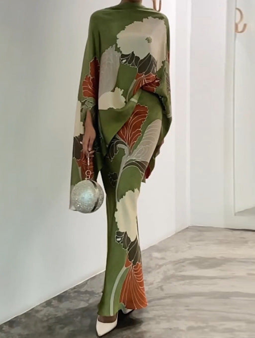 Tamsin | Knitted Co-Ord Set Botanical Print Kimono Sleeve — Olive Green