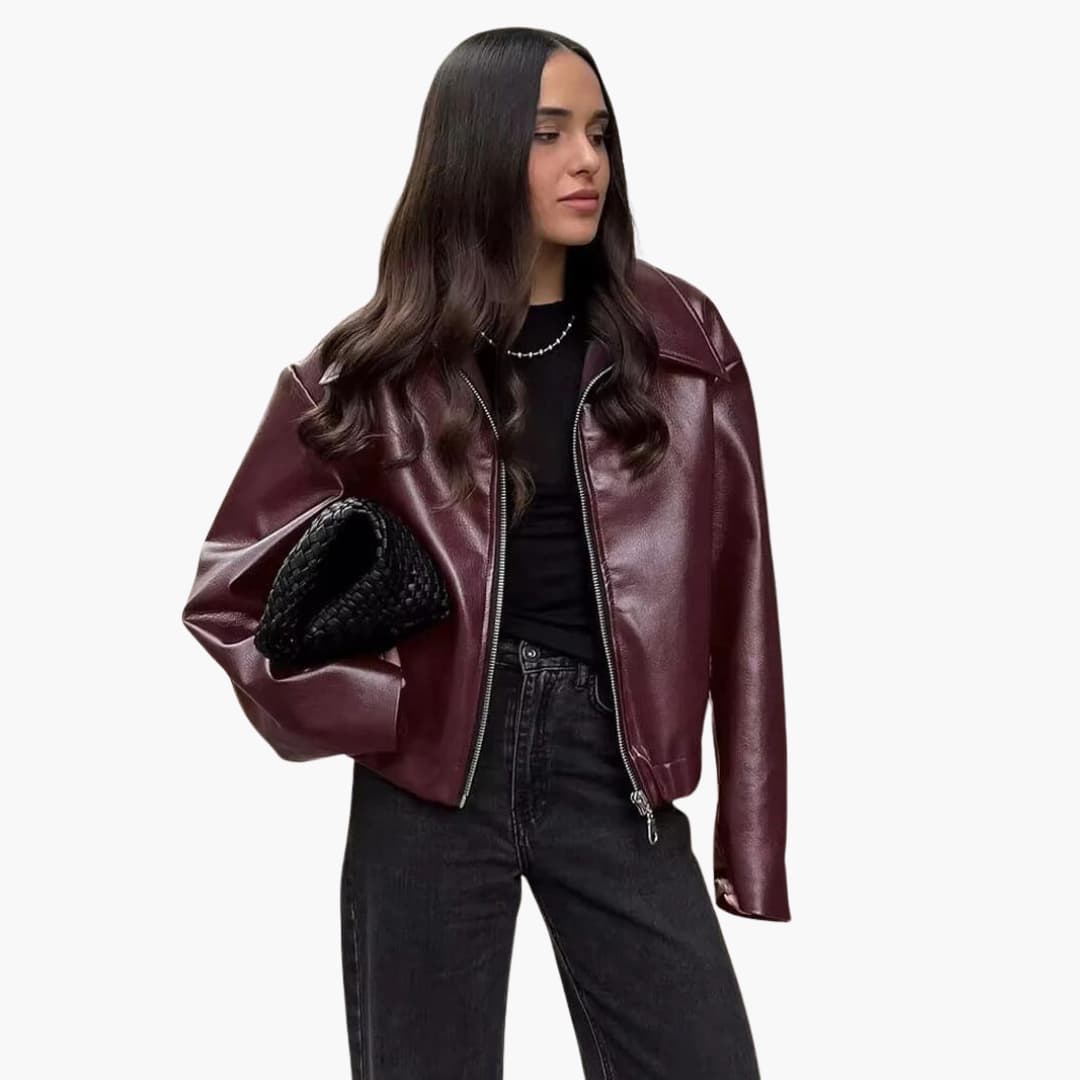 Lucinda | Women Leather Bomber Jacket in Burgundy