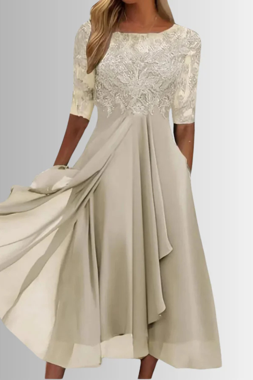 Edith | Women Long Sleeve Chiffon Midi Wedding Guest Dresses