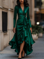 Mirabelle | Pleated Satin Maxi Dress With Ruffle Details