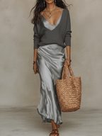 Theodora | Silk Knit & Satin Midi Skirt Two-Piece Set