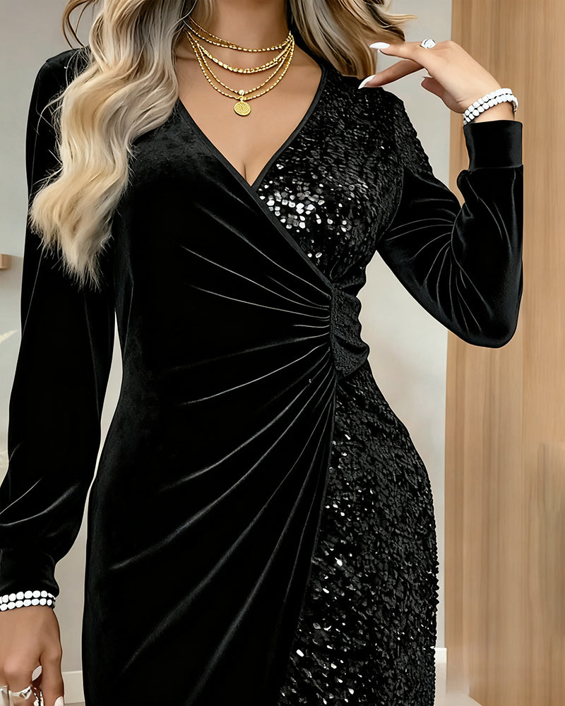Apolline | Long Sleeve Sequin Velvet Mini Dress Green Silver White