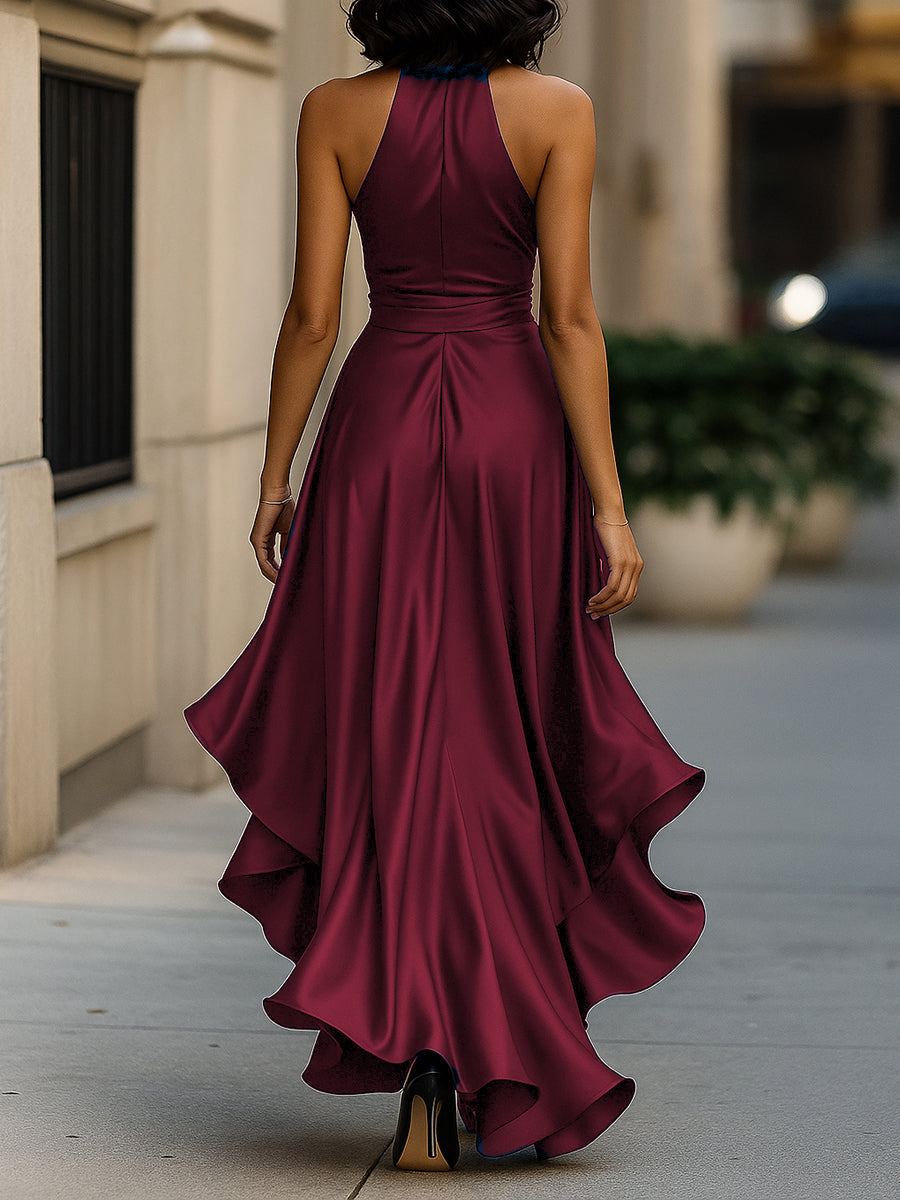 Eulalie | Satin Halter Midnight Wedding Guest Ruffle Gown
