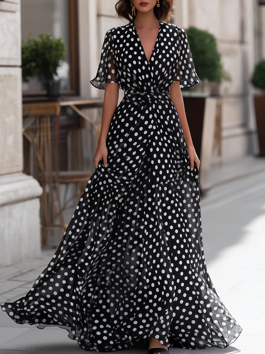 Constance | V-Neck Chiffon Dot Dress for Garden Party Occasions