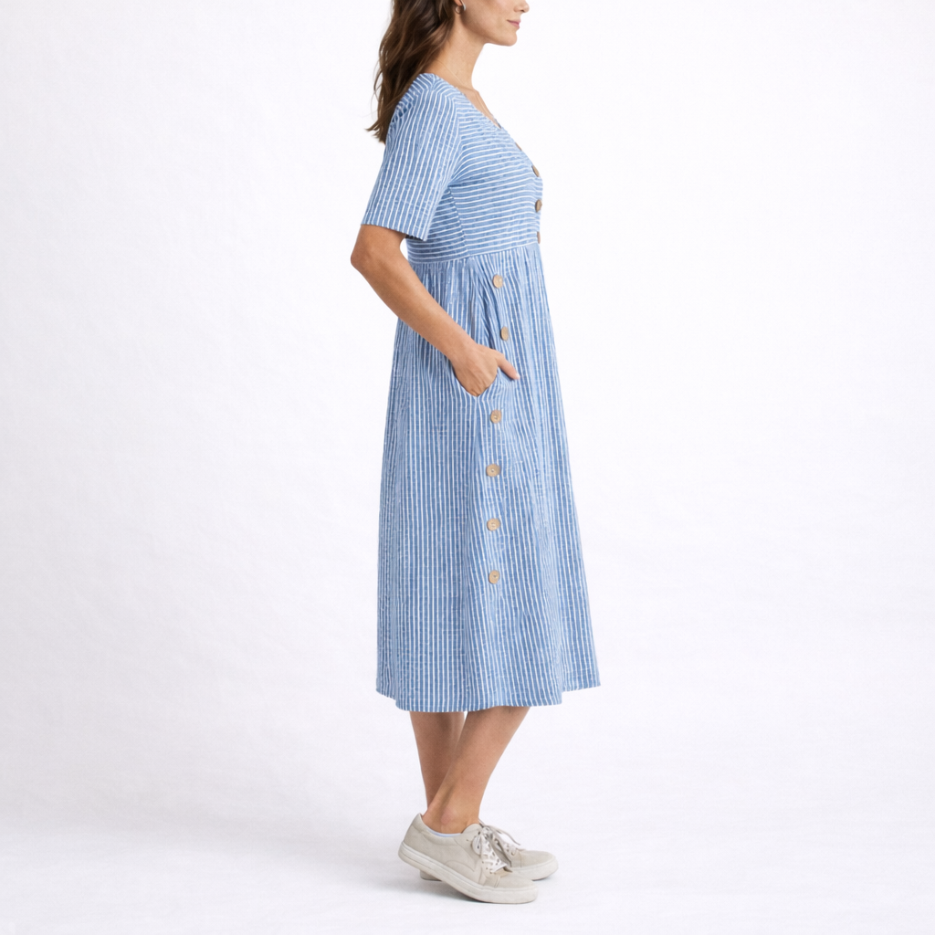 Lavinia | Striped Babydoll Midi Dress In Blue Beige Grey