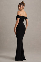 Josephine | Black Bardot Draped Split Maxi Dress Evening Wear