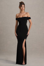 Josephine | Black Bardot Draped Split Maxi Dress Evening Wear