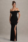 Josephine | Black Bardot Draped Split Maxi Dress Evening Wear