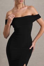 Josephine | Black Bardot Draped Split Maxi Dress Evening Wear