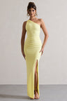 Dominique | Lemon Asymmetric Bodycon Maxi Dress With Split
