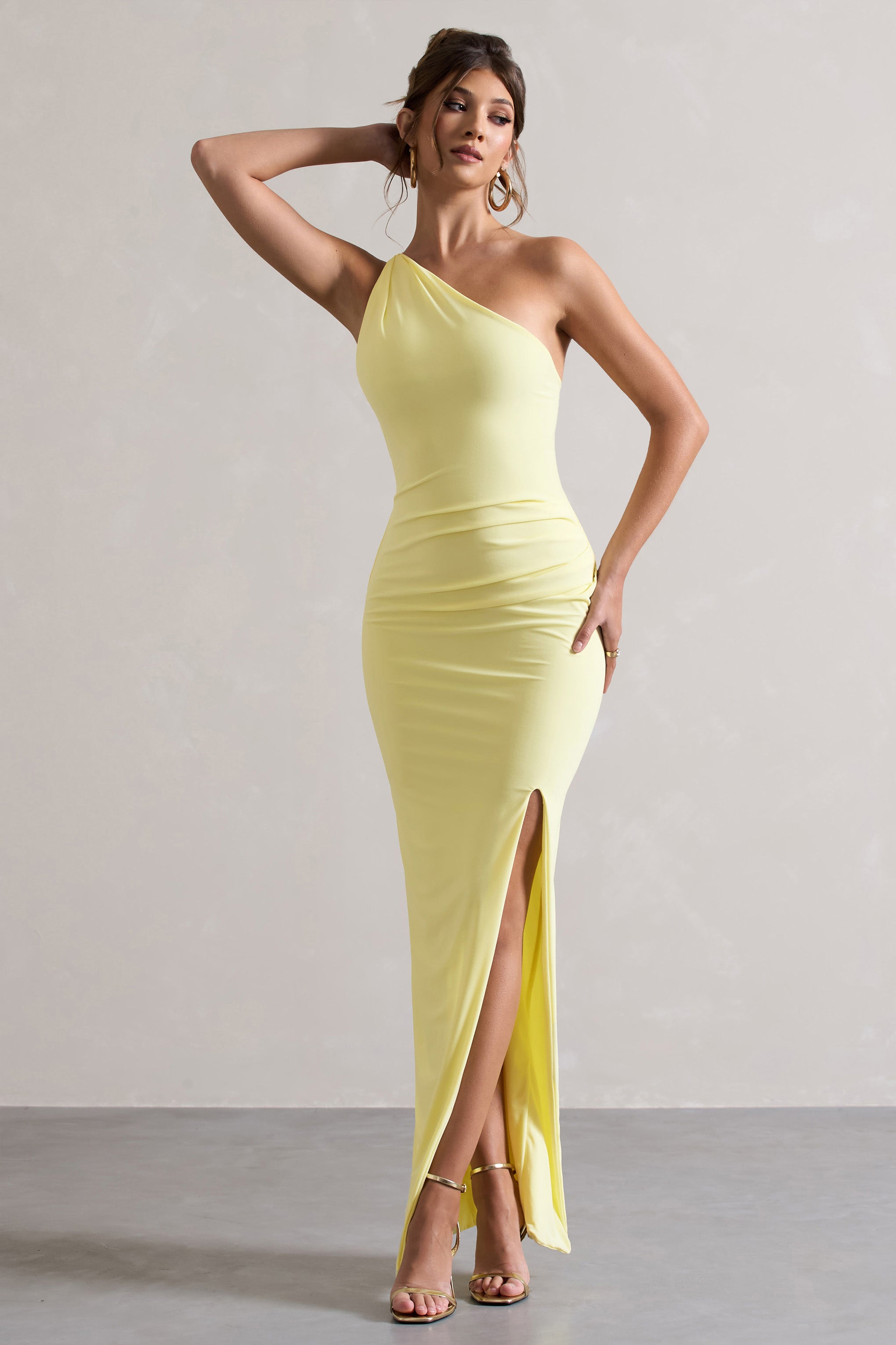 Dominique | Lemon Asymmetric Bodycon Maxi Dress With Split