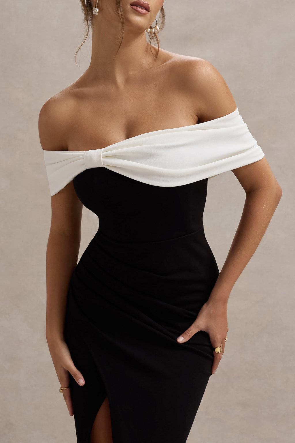 Juliette | Bardot Bow Tight Split Maxi Occasion Dress