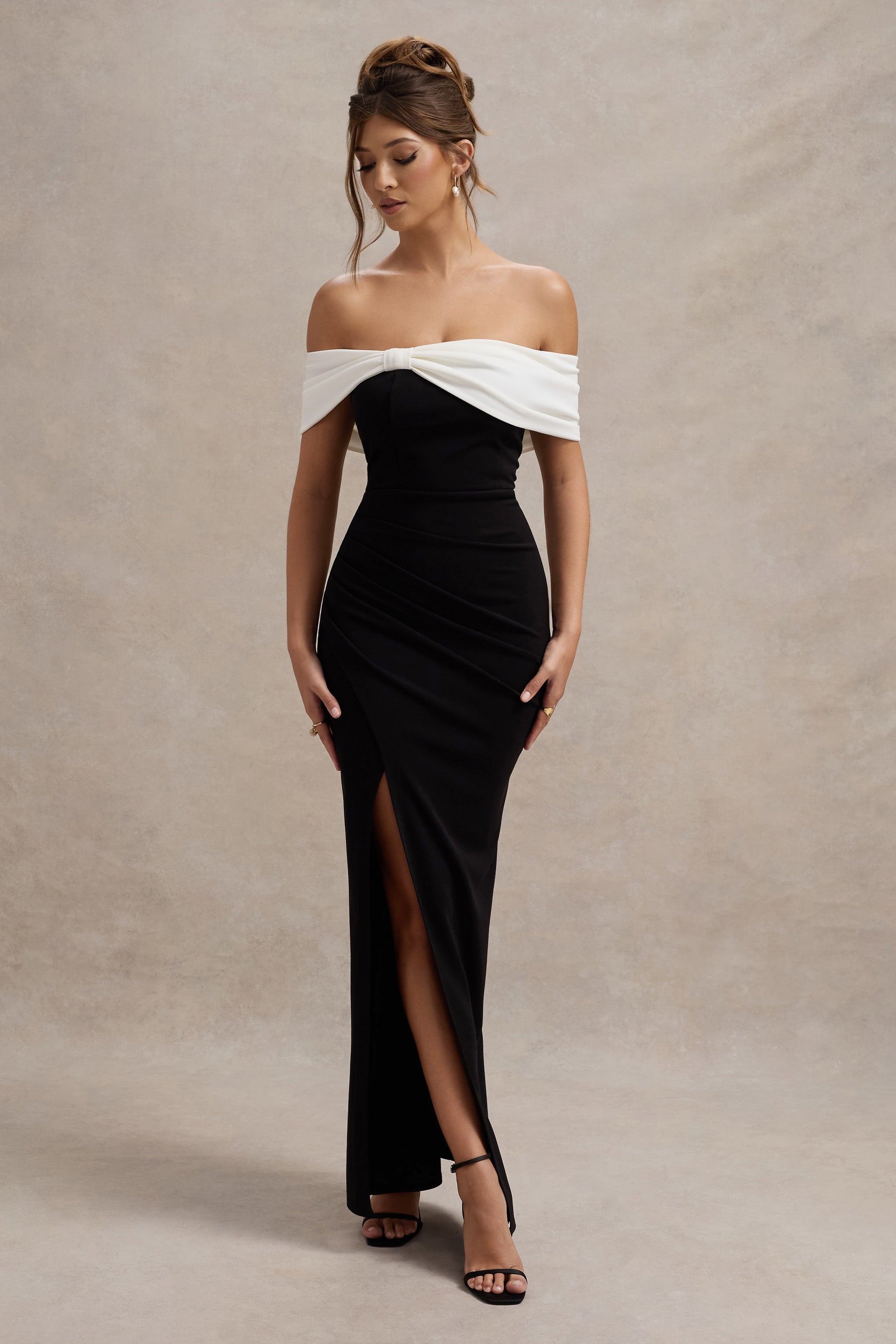 Juliette | Bardot Bow Tight Split Maxi Occasion Dress