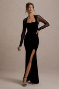 Tatiana | Bodycon Square Neck Sheer Sleeves Velvet Maxi Dress