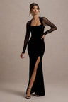 Tatiana | Bodycon Square Neck Sheer Sleeves Velvet Maxi Dress