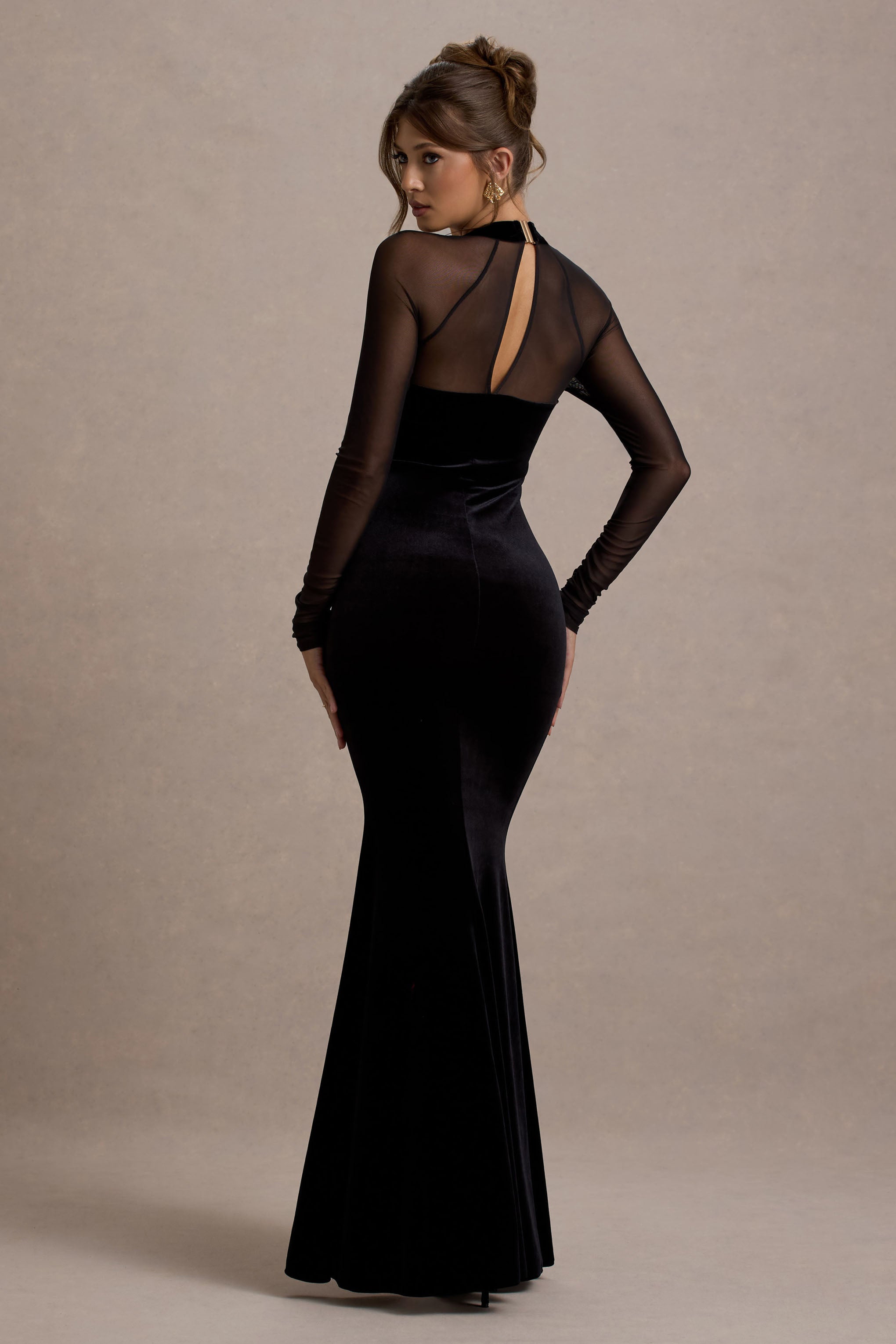 Tatiana | Bodycon Square Neck Sheer Sleeves Velvet Maxi Dress