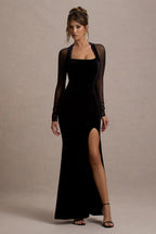 Tatiana | Bodycon Square Neck Sheer Sleeves Velvet Maxi Dress