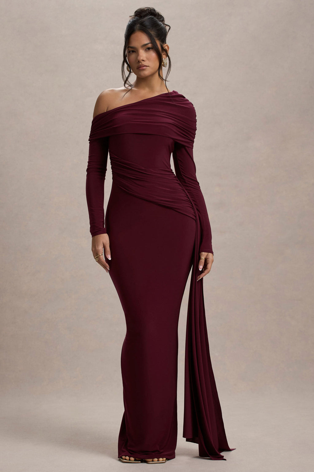 Yolanda | Burgundy Asymmetric Ruched Bodycon Maxi Dress