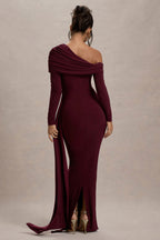 Yolanda | Burgundy Asymmetric Ruched Bodycon Maxi Dress