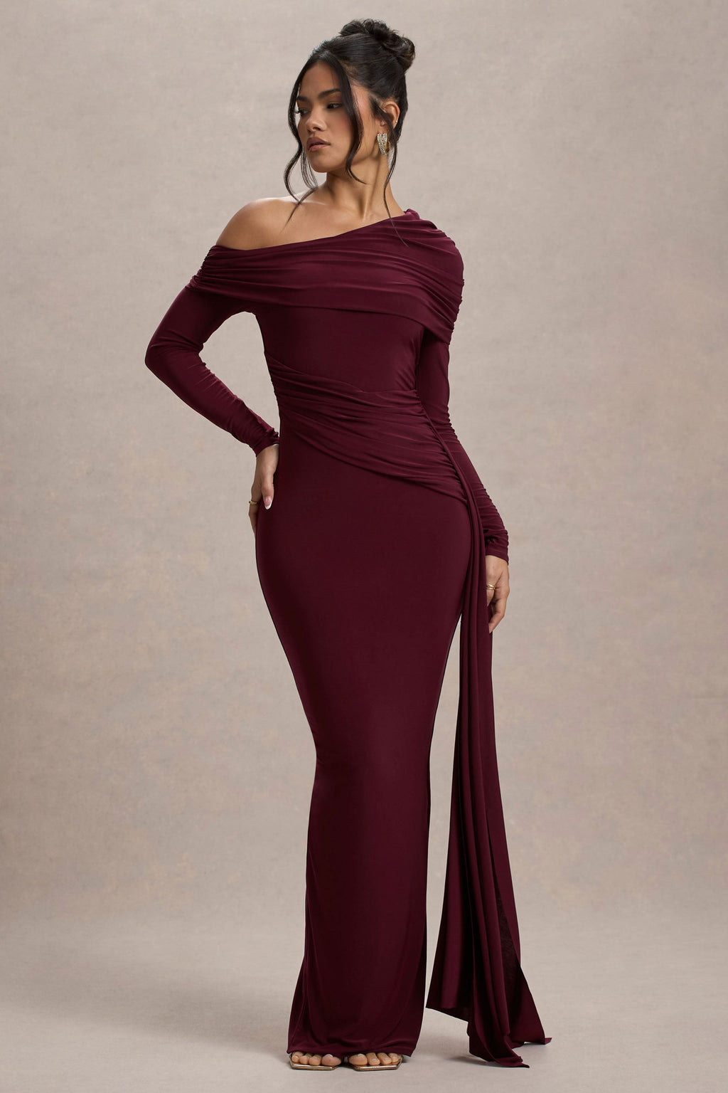 Yolanda | Burgundy Asymmetric Ruched Bodycon Maxi Dress