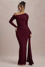 Yolanda | Burgundy Asymmetric Ruched Bodycon Maxi Dress