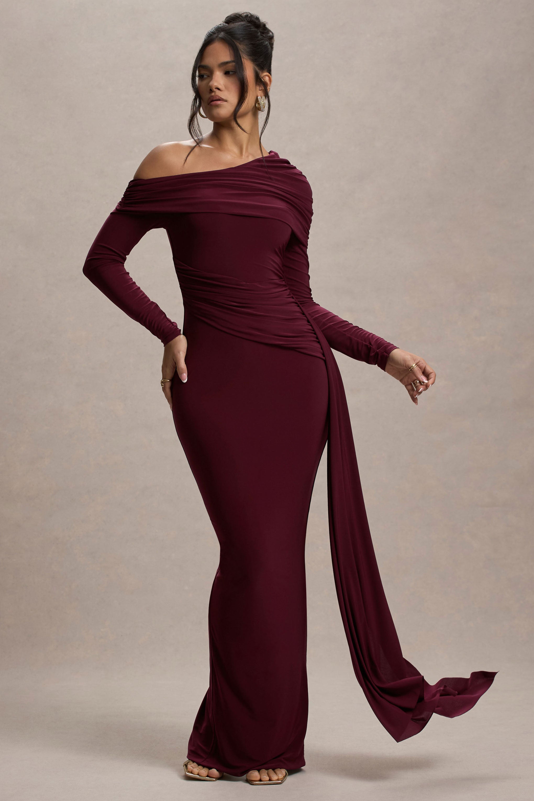 Yolanda | Burgundy Asymmetric Ruched Bodycon Maxi Dress