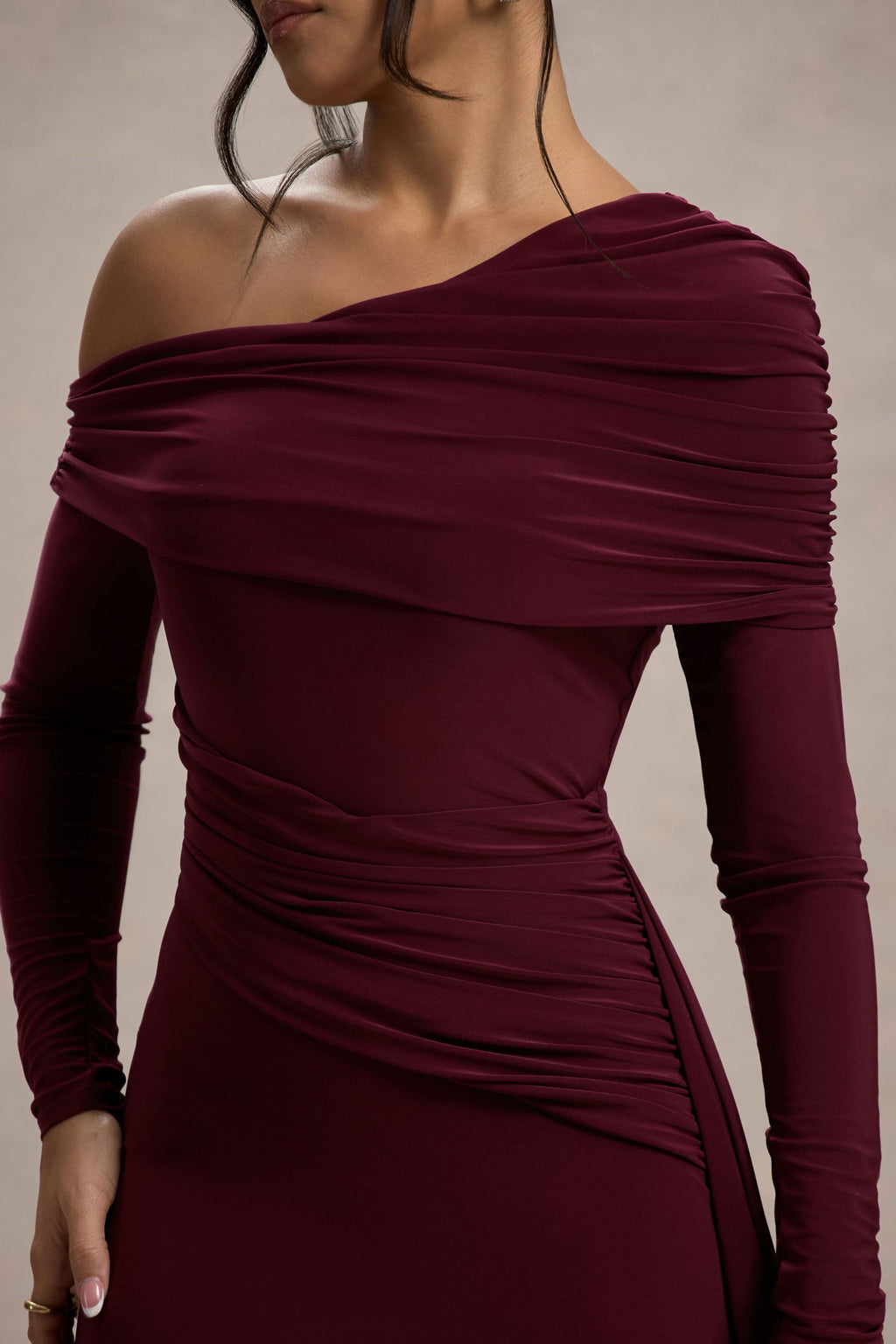 Yolanda | Burgundy Asymmetric Ruched Bodycon Maxi Dress
