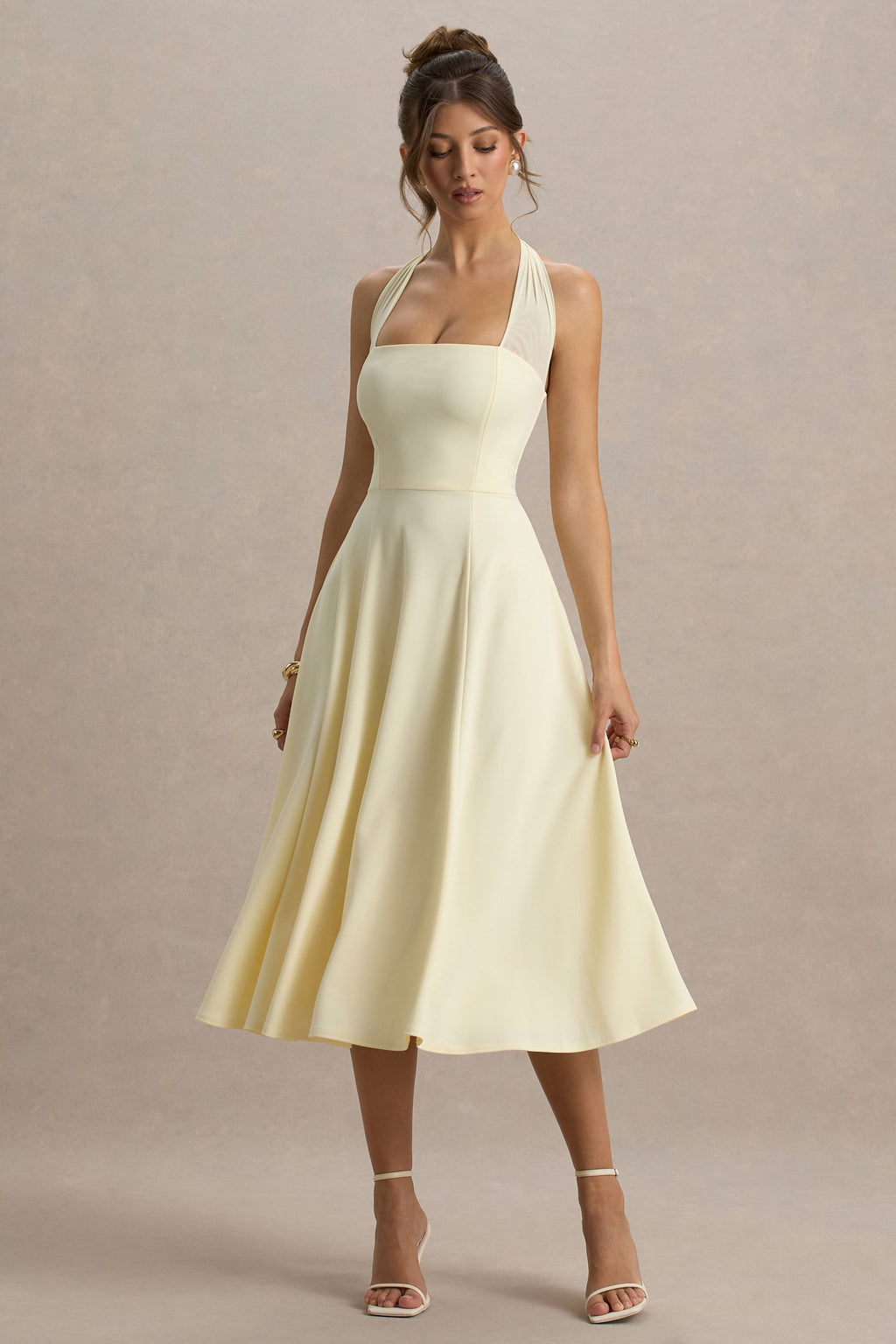 Leonie | Pale Lemon Halter Bandage A-Line Midi Dress