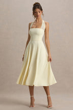 Leonie | Pale Lemon Halter Bandage A-Line Midi Dress