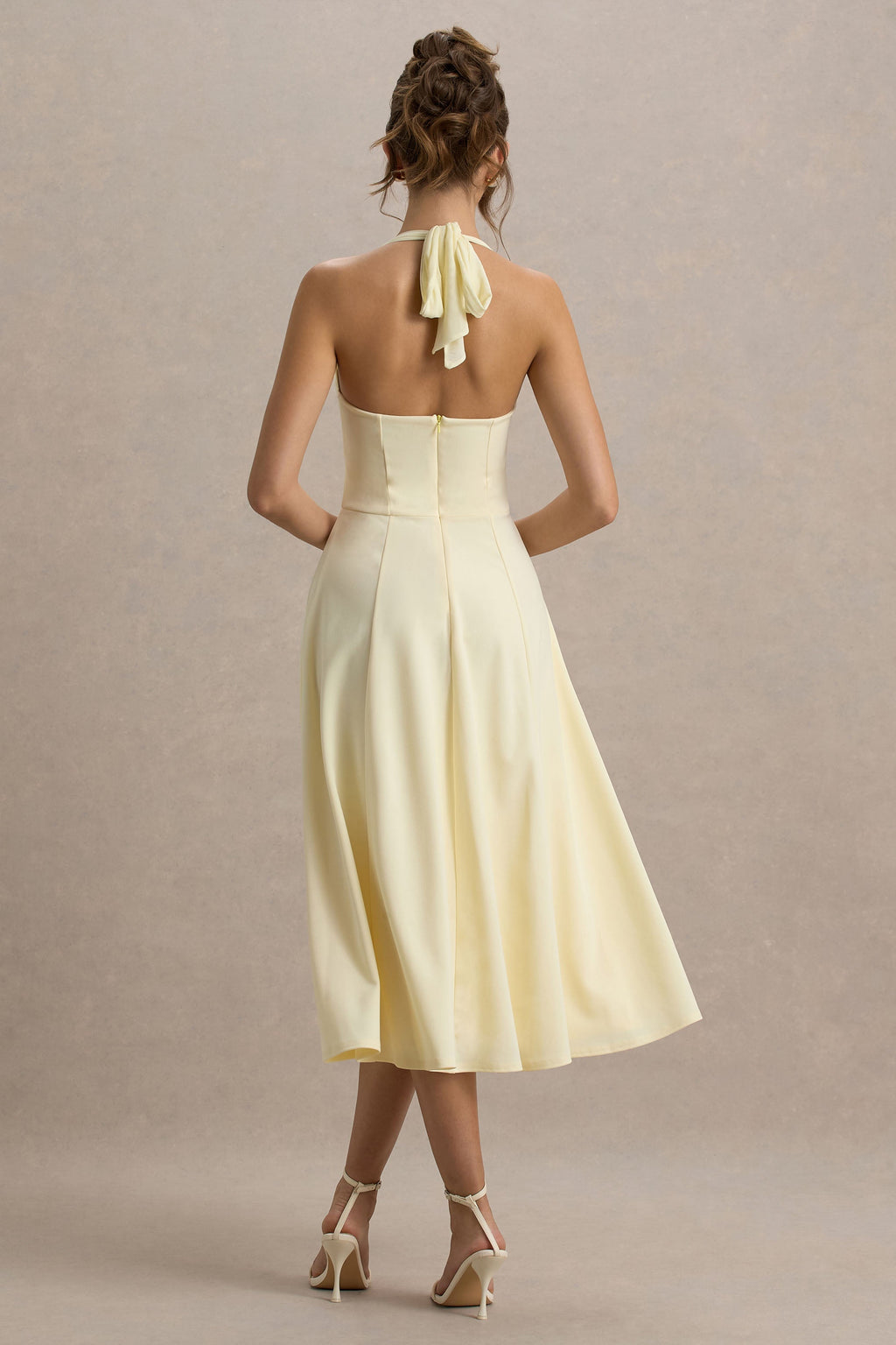 Leonie | Pale Lemon Halter Bandage A-Line Midi Dress