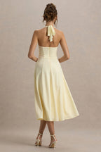 Leonie | Pale Lemon Halter Bandage A-Line Midi Dress