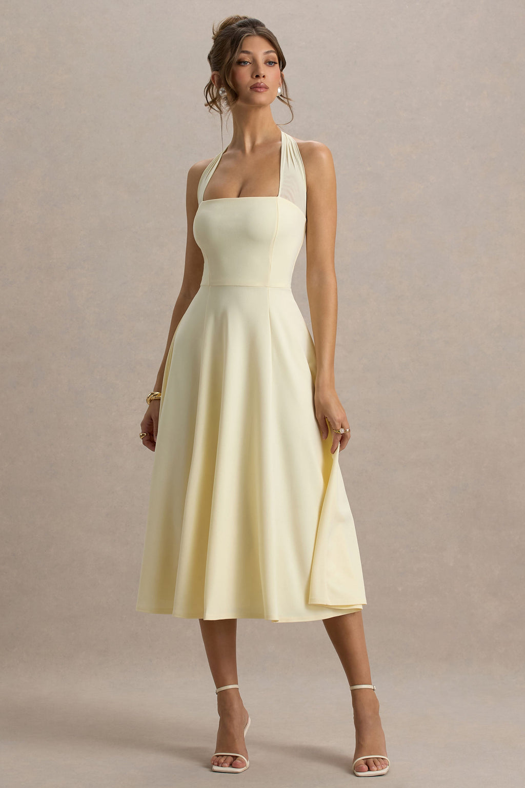 Leonie | Pale Lemon Halter Bandage A-Line Midi Dress