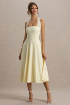 Leonie | Pale Lemon Halter Bandage A-Line Midi Dress
