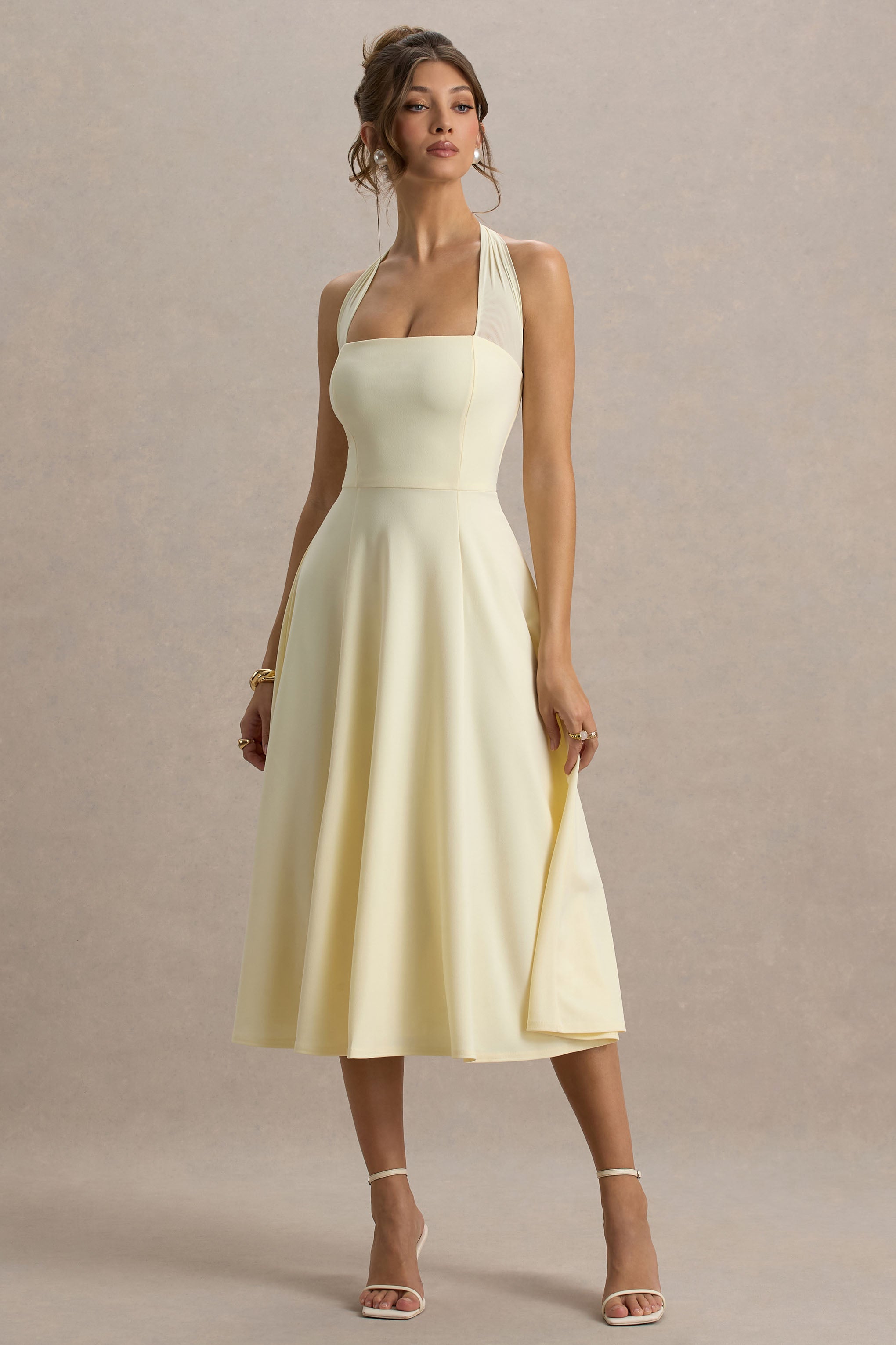 Leonie | Pale Lemon Halter Bandage A-Line Midi Dress