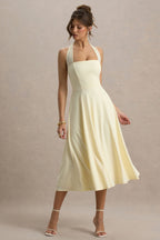 Leonie | Pale Lemon Halter Bandage A-Line Midi Dress