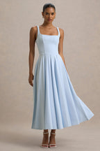 Valentina | Powder Blue Square Neck Pleated Midi Dress