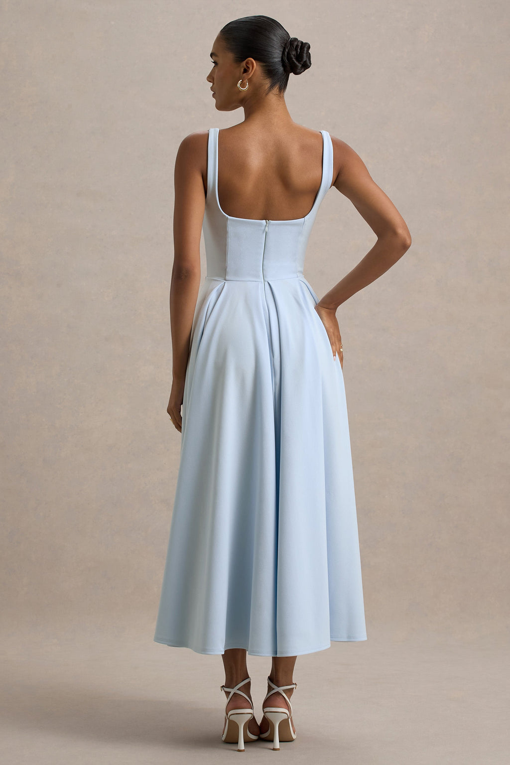 Valentina | Powder Blue Square Neck Pleated Midi Dress