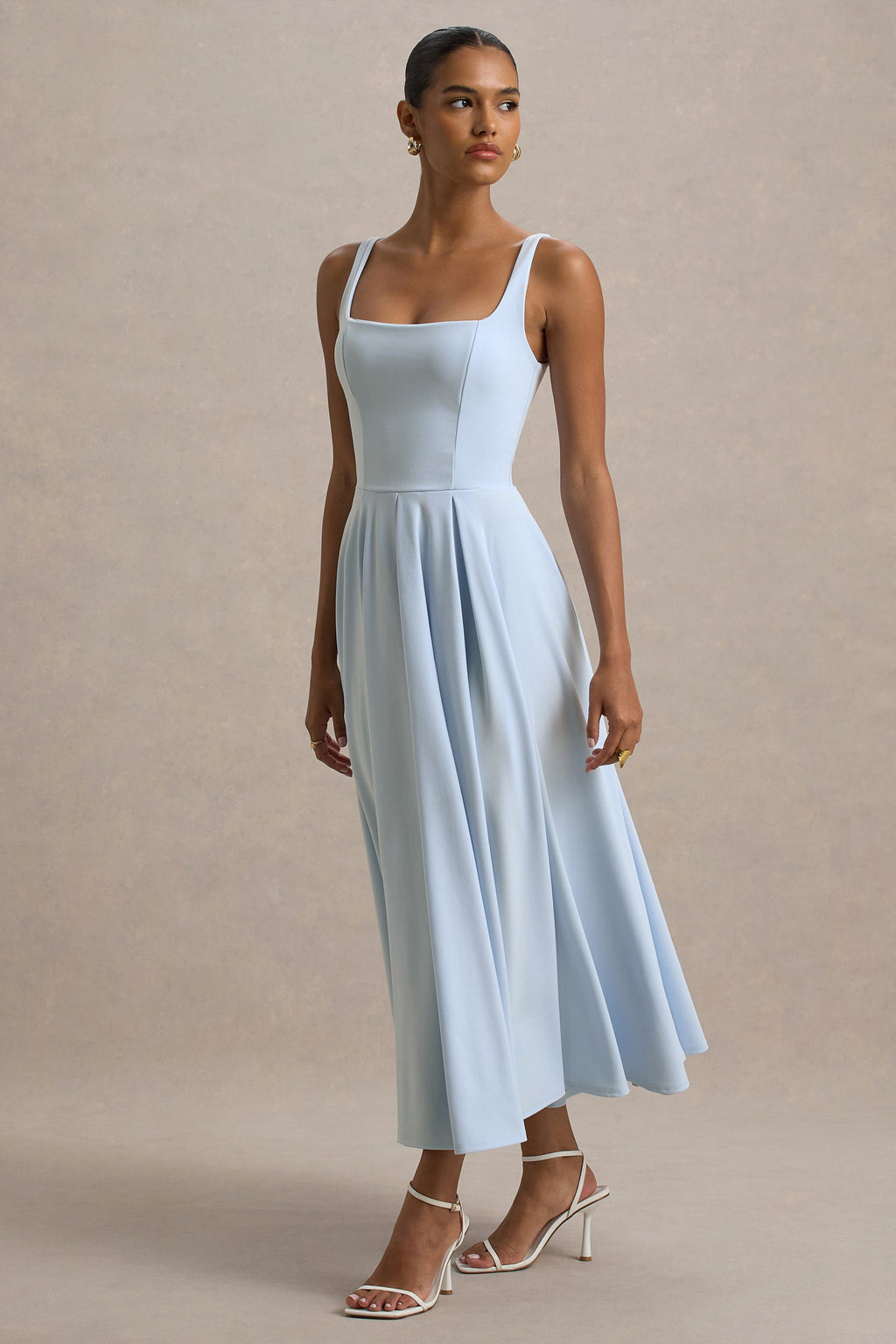Valentina | Powder Blue Square Neck Pleated Midi Dress