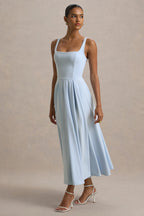 Valentina | Powder Blue Square Neck Pleated Midi Dress