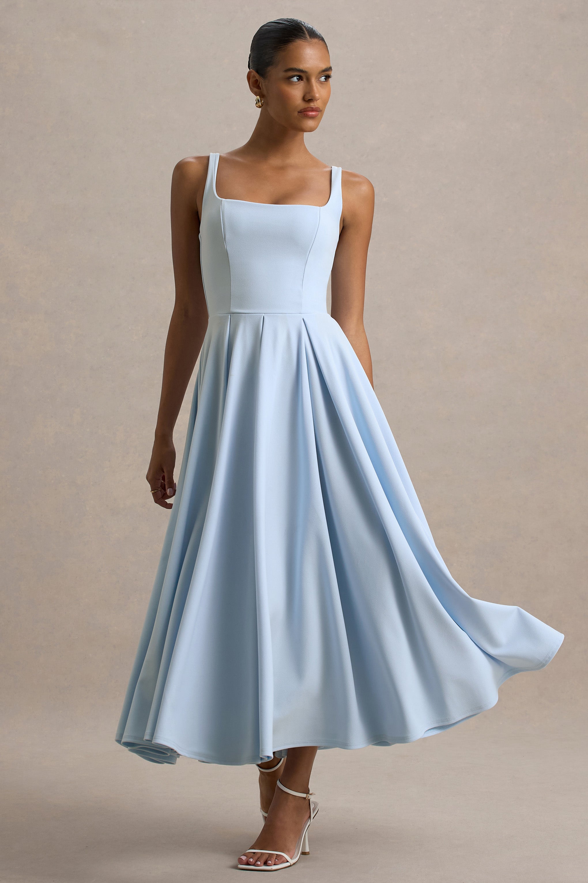 Valentina | Powder Blue Square Neck Pleated Midi Dress