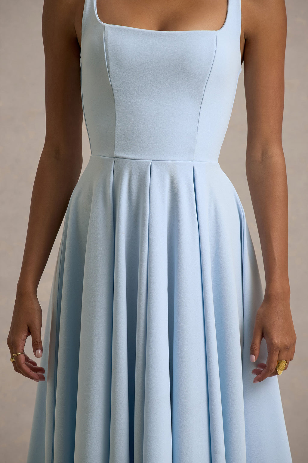 Valentina | Powder Blue Square Neck Pleated Midi Dress