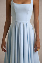 Valentina | Powder Blue Square Neck Pleated Midi Dress
