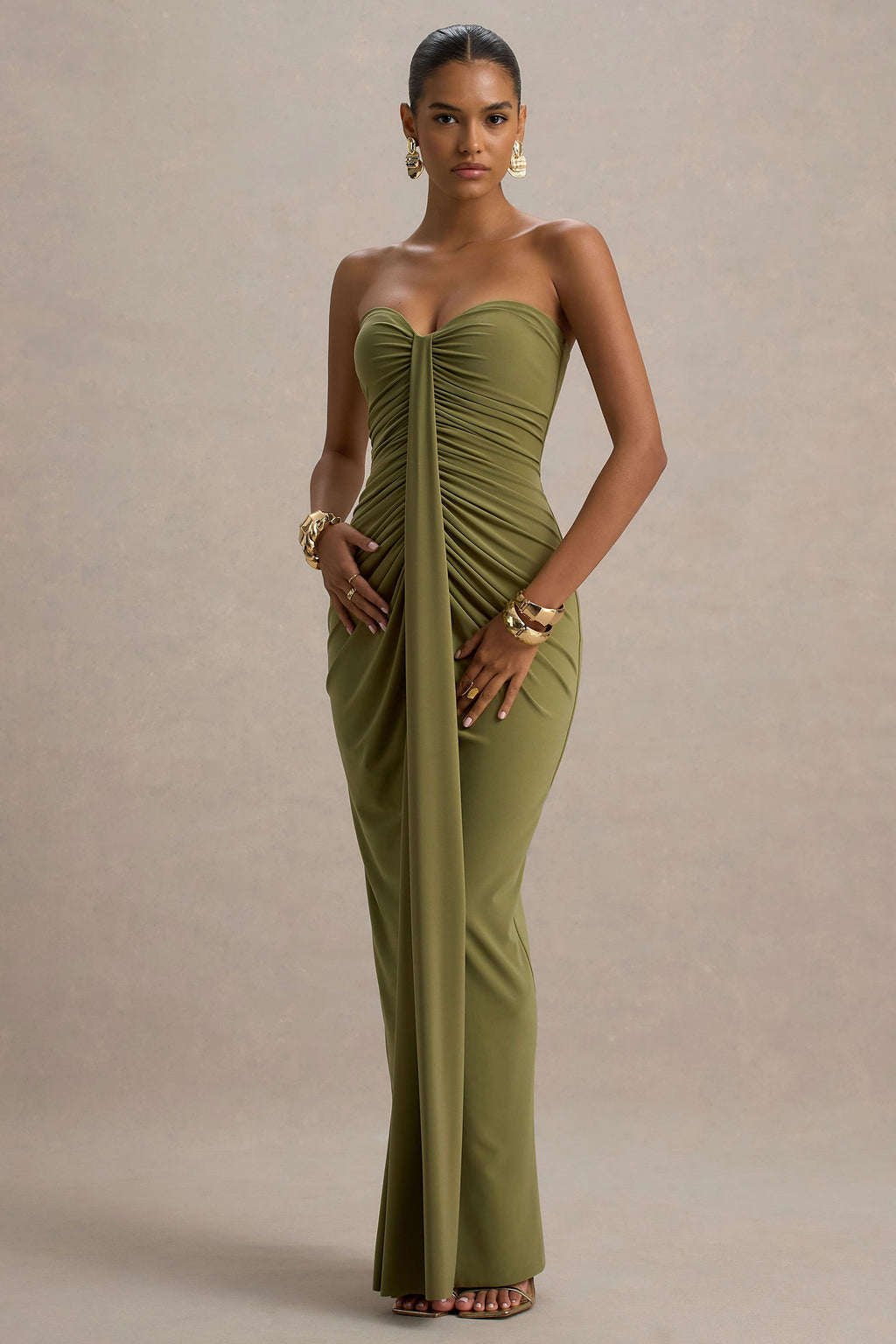 Valentina | Olive Ruched Sleeveless Wrap Maxi Dress