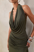 Tatiana | Khaki Draped Extreme Plunge Neck Bodysuit