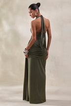 Tatiana | Khaki Draped Extreme Plunge Neck Bodysuit