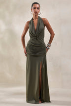 Tatiana | Khaki Draped Extreme Plunge Neck Bodysuit