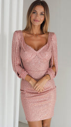 Sidonie | Sequin Long Sleeve V-Neck Wedding Guest Evening Dress