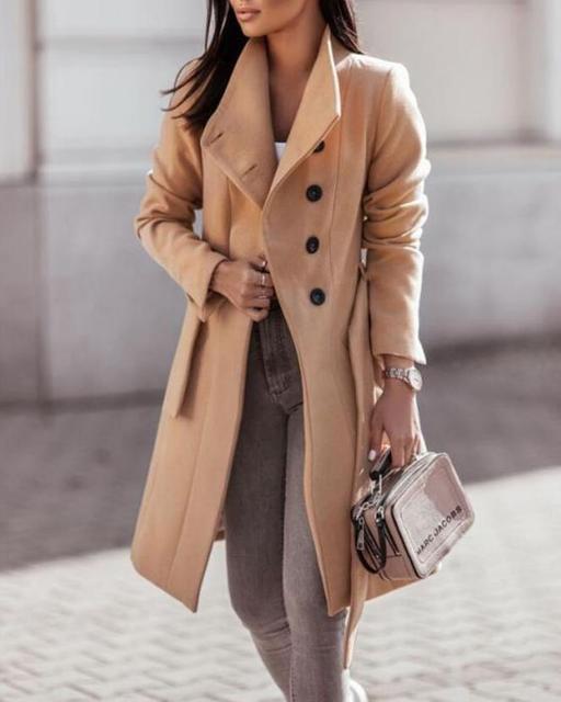 Quintessa | Black Longline Belted Winter Coat For Women — Beige